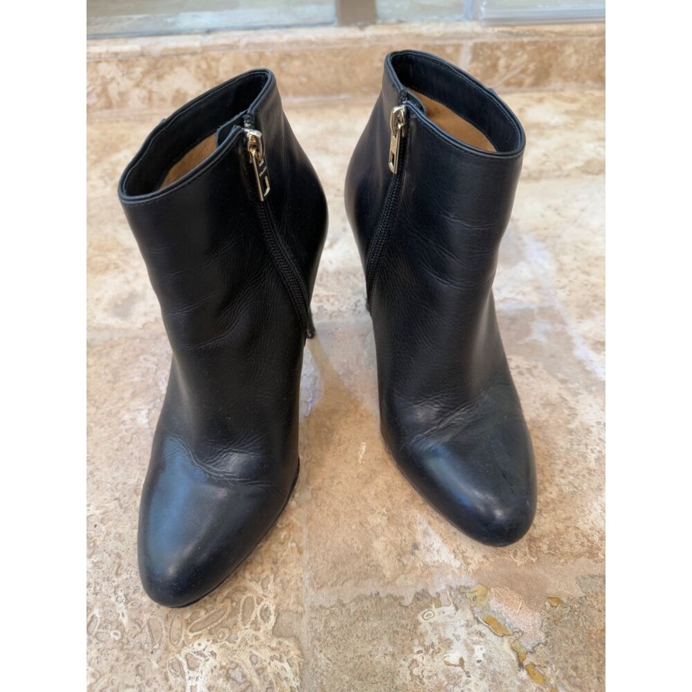 Coach Black Leather High Heel Ankle Boots With Side Zippers & Gold Accent Trim